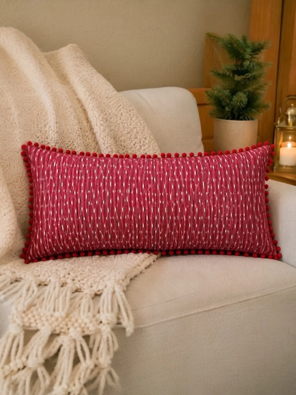 Crate & Barrel Winder Red Embroidered Feathered Christmas Pillow Santa Reindeer
